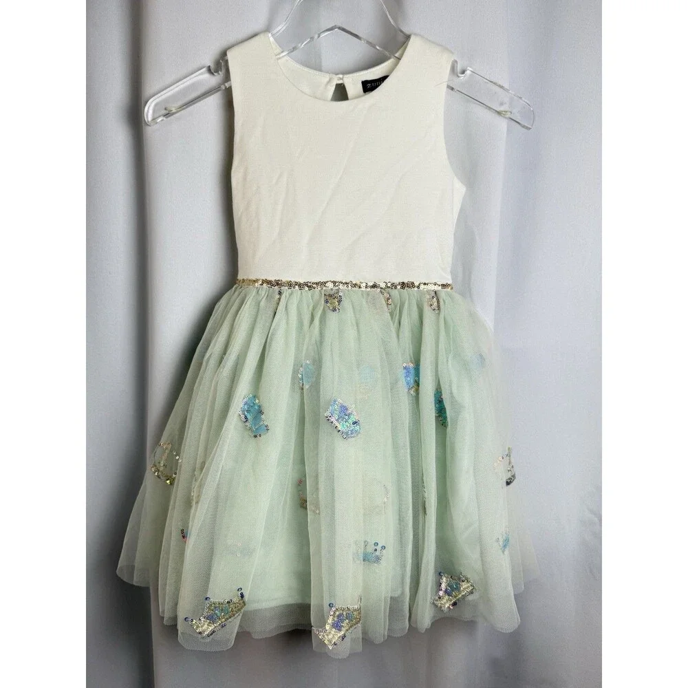 Zunie Girls Crown Sequin Sleeveless Tulle Dress In Cream & Mint Green Sz 6 New